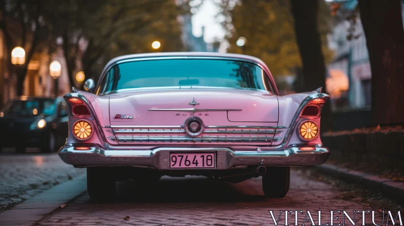Vintage Pink Car on Cobblestone Street AI Image