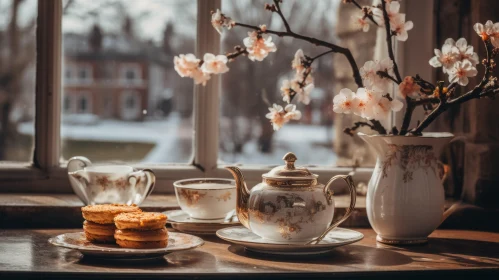 Vintage Tea and Cherry Blossoms - A Serene Cottagepunk Scene