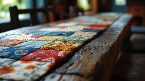 Close-up Patchwork Quilt on Wooden Table - Vibrant Colors and Cozy Atmosphere