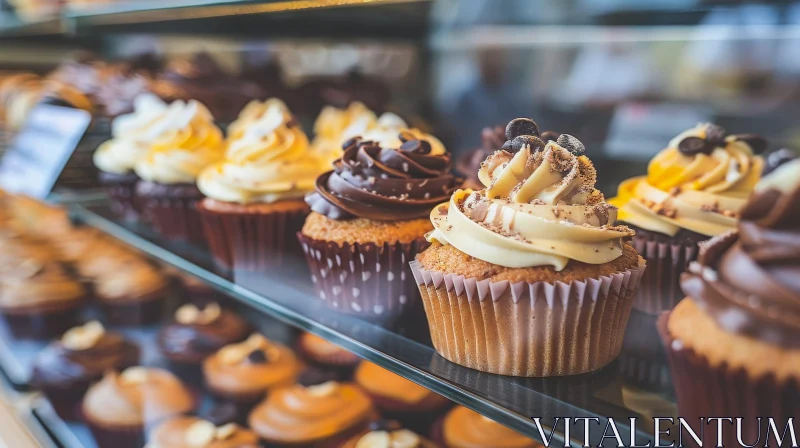 Delicious Cupcakes Displayed in Glass Case AI Image
