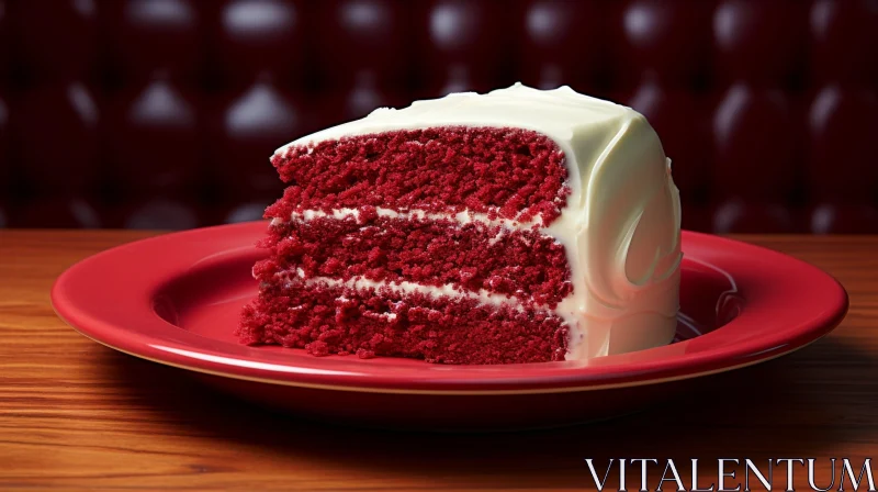 Delicious Red Velvet Cake Slice on Red Plate AI Image