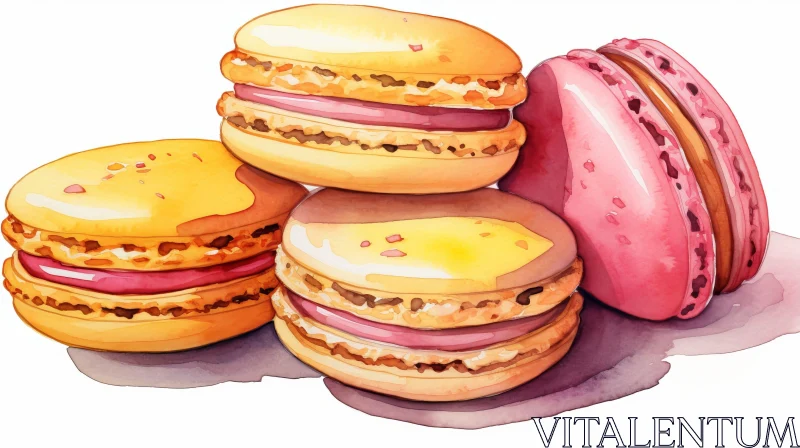 Delicious Watercolor Painting of Multicolored Macarons AI Image