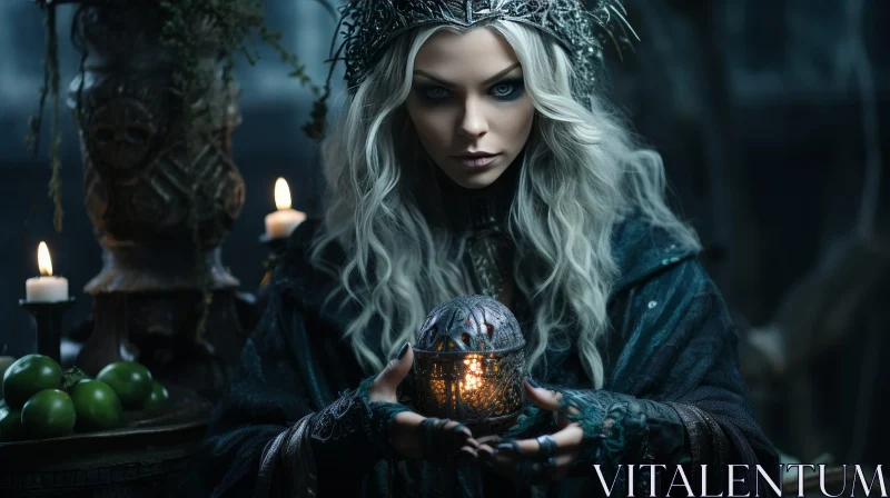 Enchanting Fantasy Portrait: Woman with Orb and Crown AI Image