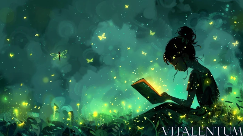 Enchanting Forest Illustration: Girl Reading Book AI Image