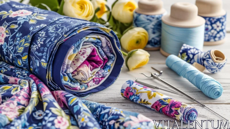 Exquisite Blue Floral Fabric Composition with Thread and Flowers AI Image
