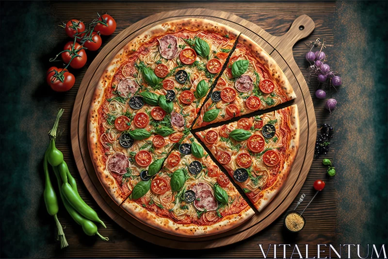 Exquisite Pizza on Wooden Board with Puzzle-Like Elements AI Image