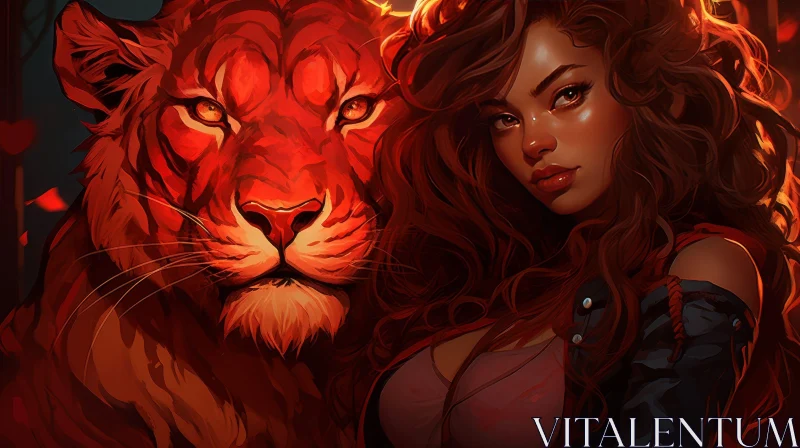 Intense Portrait of Young Woman with Lion AI Image