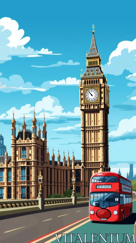 London Cityscape Illustration with Palace of Westminster and Red Bus AI Image