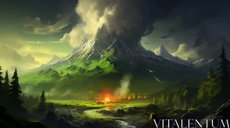 Majestic Mountain Landscape with River and Campfire AI Image