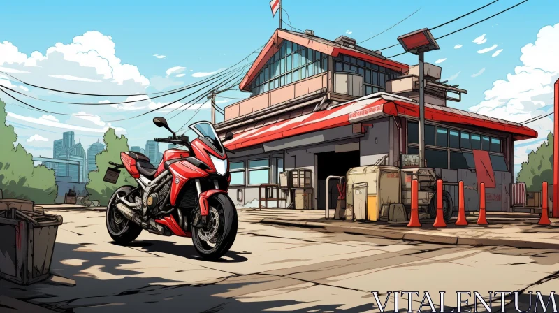 AI ART Red and Black Motorcycle at Gas Station