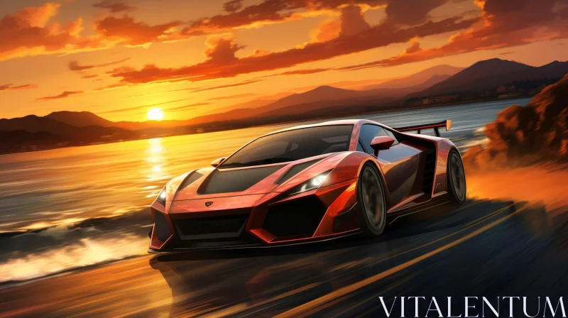 Red Sports Car Driving on Coastal Road at Sunset AI Image