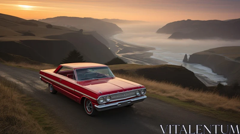 Red Vintage Car on Coastal Road AI Image