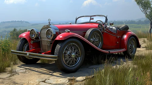 Red Vintage Car on Hilltop - Stunning 3D Image