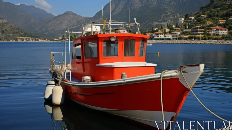 AI ART Serene Coastal Scene: Red and White Fishing Boat in Harbor