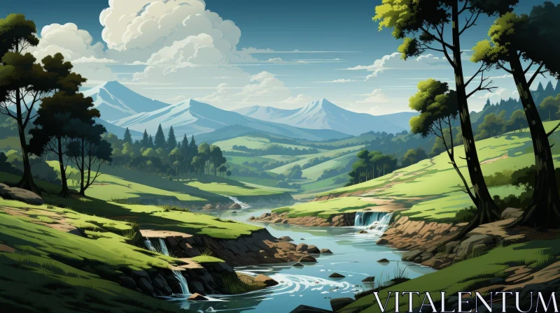 Tranquil River Landscape with Green Hills and Mountains AI Image