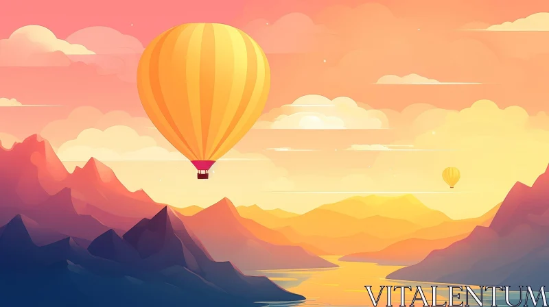 Tranquil Sunset Landscape with Hot Air Balloon AI Image