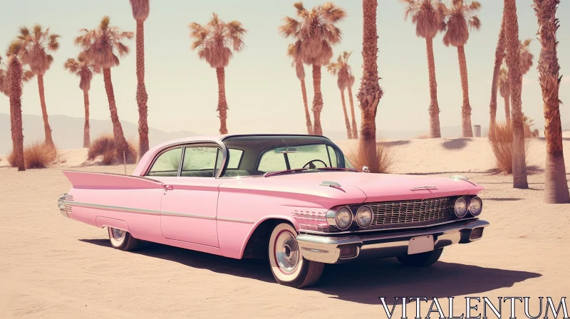 Vintage Pink Car in Desert Landscape - Nostalgic 1950s Model AI Image