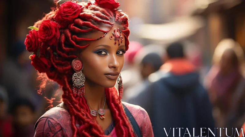 African Woman with Red Hair in Market AI Image