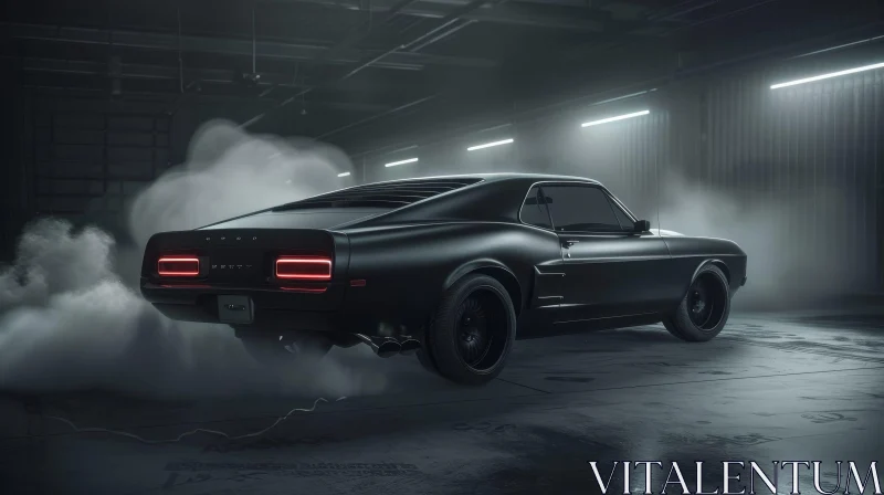 Classic Ford Mustang Mach 1 in Dark Garage AI Image
