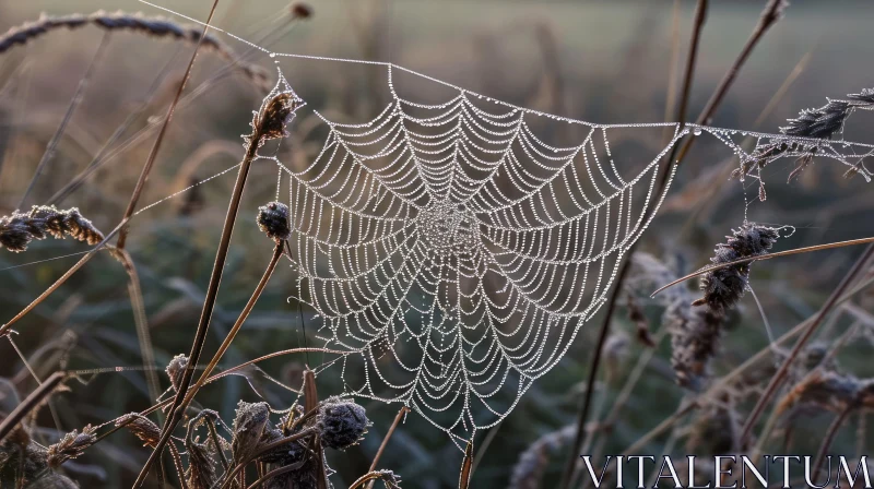 Delicate and Symmetrical Spider Web Covered in Morning Dew AI Image