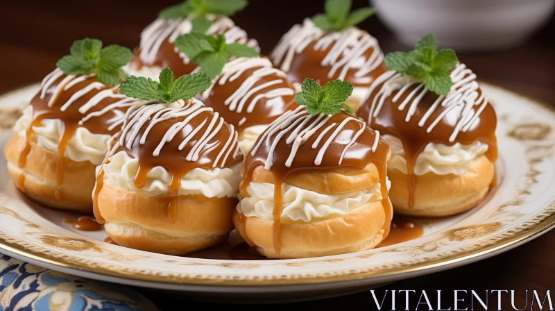 Delicious Cream Puffs with Vanilla Cream and Caramel Glaze AI Image