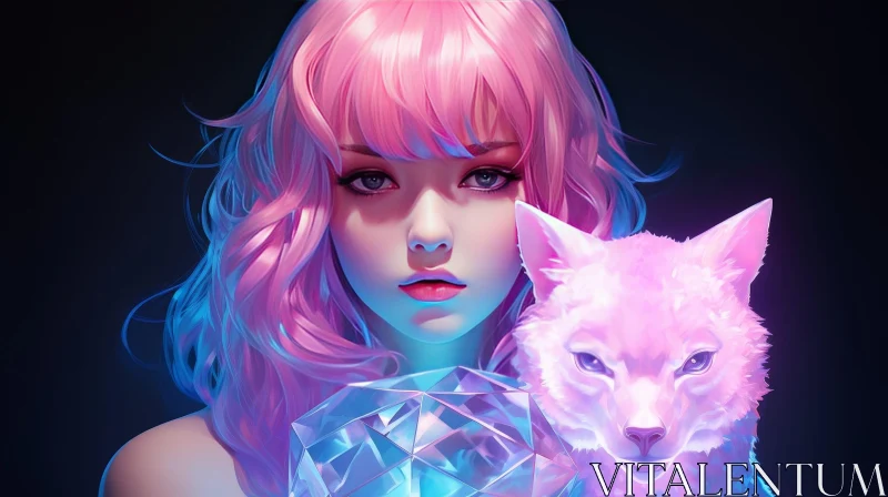 Enchanting Woman and Wolf Portrait with Crystal AI Image