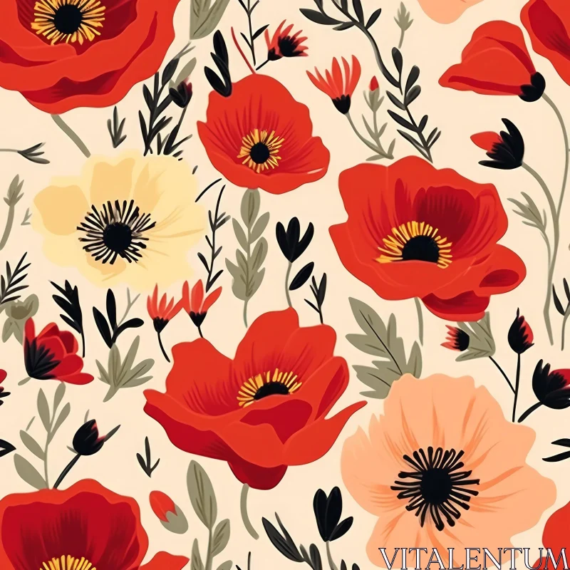 AI ART Floral Pattern with Red, Pink, and Yellow Poppies