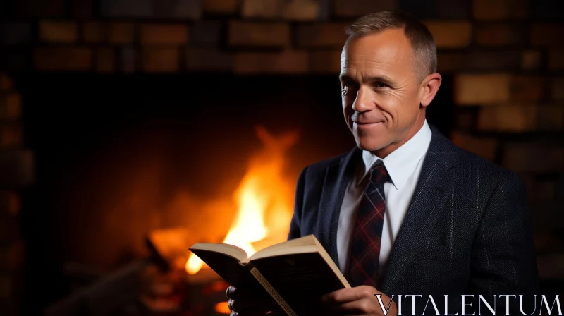 Man in Suit by Fireplace with Book AI Image
