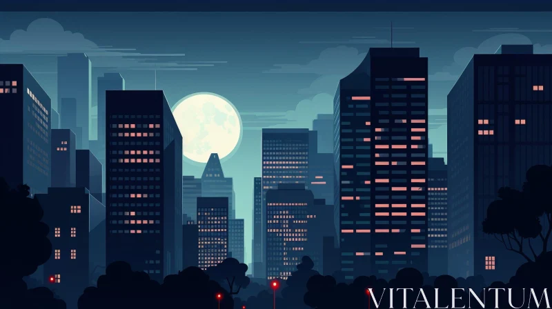 Moonlit Cityscape: Serene Night Illustration AI Image