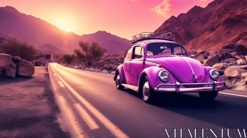 Pink Vintage Volkswagen Beetle Desert Sunset Drive AI Image