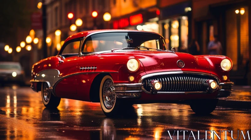 Red Retro Car on Wet City Street at Night AI Image