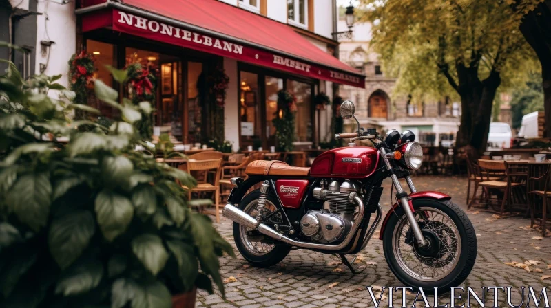 Red Triumph Bonneville T120 Motorcycle at Cafe AI Image