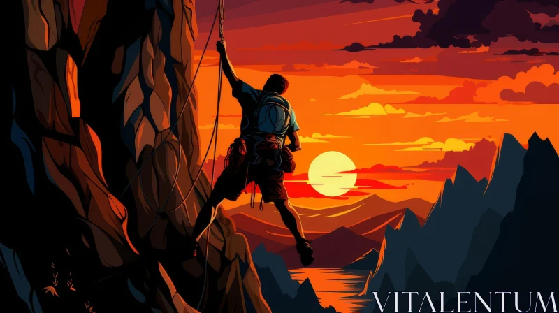 Rock Climber Ascending Cliff at Sunset AI Image