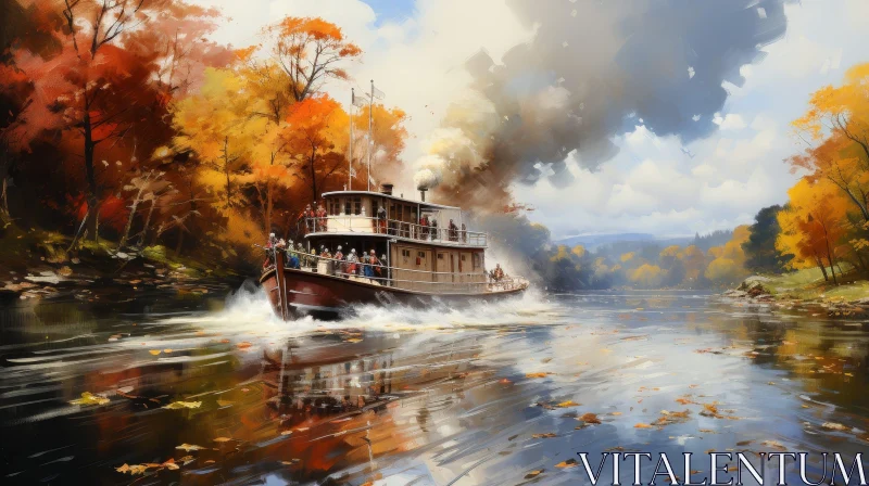 Serene River Scene with Steamboat and Autumn Trees AI Image