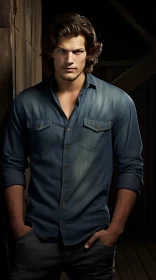Serious Young Man in Blue Denim Shirt Portrait