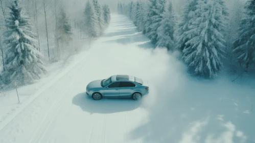 Silver Car Driving on Snowy Road - Aerial Perspective