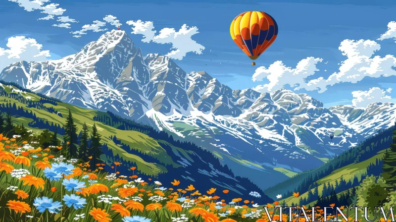 Tranquil Mountain Valley Landscape with Hot Air Balloon AI Image