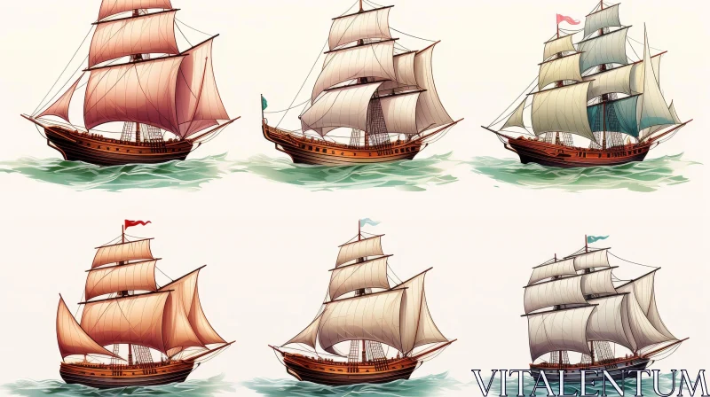 Vintage Wooden Sailing Ships at Sea AI Image