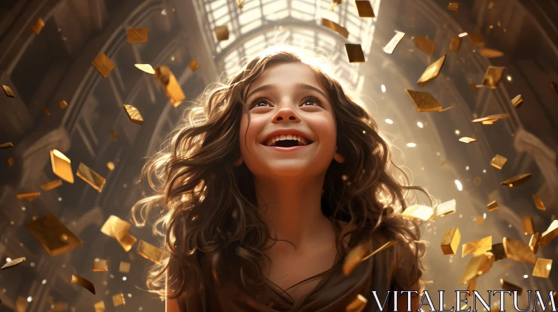 Young Girl in Brown Dress with Golden Confetti Shower AI Image