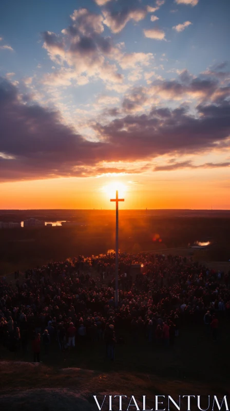 AI ART Aerial View of a Cross on a Hill with Crowd - Pastoral Landscape