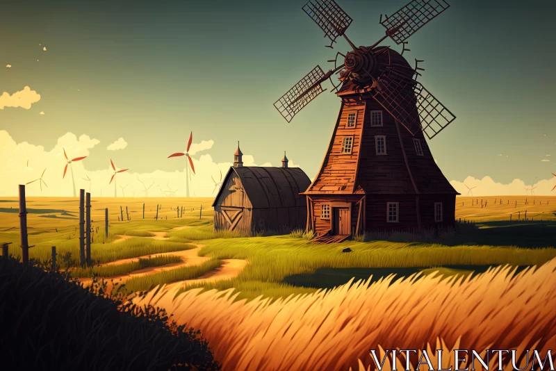 Captivating Windmill in Field: Charming Illustrations AI Image