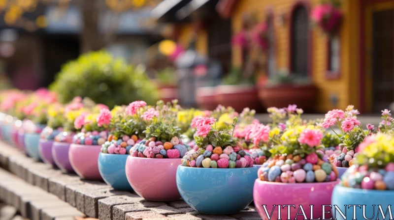 Colorful Pots of Blooming Flowers: A Street Decor Masterpiece AI Image