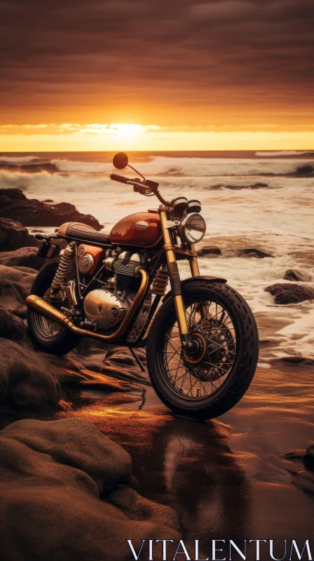AI ART Custom Triumph Bonneville Motorcycle on Rocky Beach at Sunset