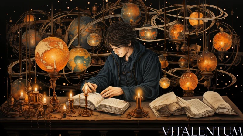 Enigmatic Scene: Young Man Reading by Candlelight AI Image