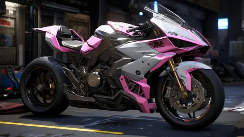 Futuristic White and Pink Sport Motorcycle in Dark Environment