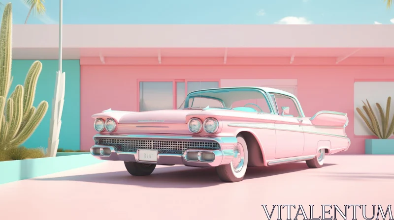 Pink Classic Car in Desert Landscape AI Image