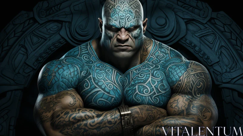 Serious Muscular Man with Glowing Tattoos AI Image