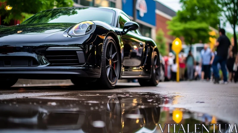 Sleek Black Porsche 911 Carrera on Wet Street AI Image
