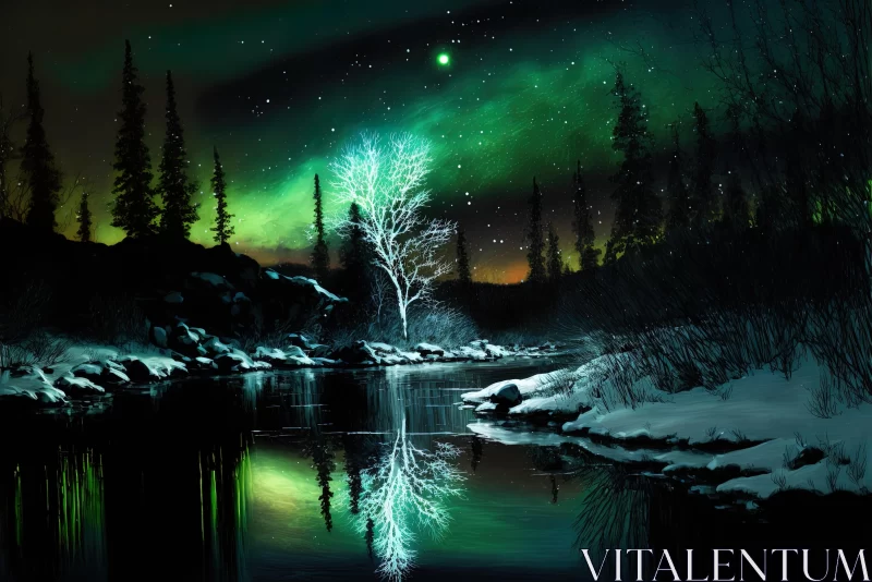 Snowy Tree with Aurora Lights - Hyper-Realistic Nature Art AI Image