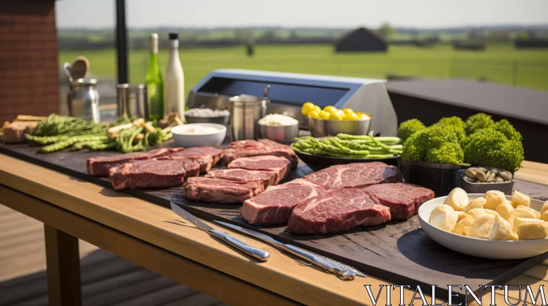 Suffolk Coast Style Food Display: Steak and Veggies on Polished Table AI Image
